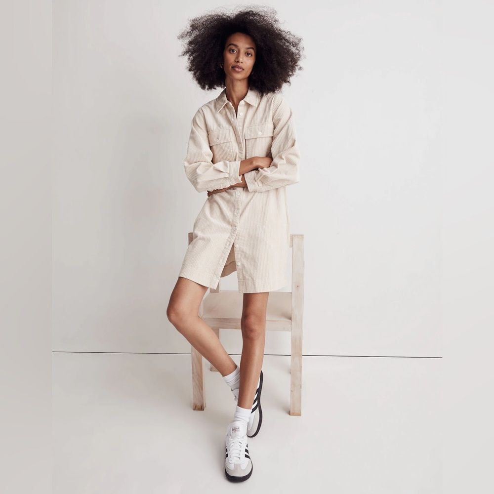 Madewell Corduroy Long sleeve Mini Shirt dress - M - Harvest Moon / Cream